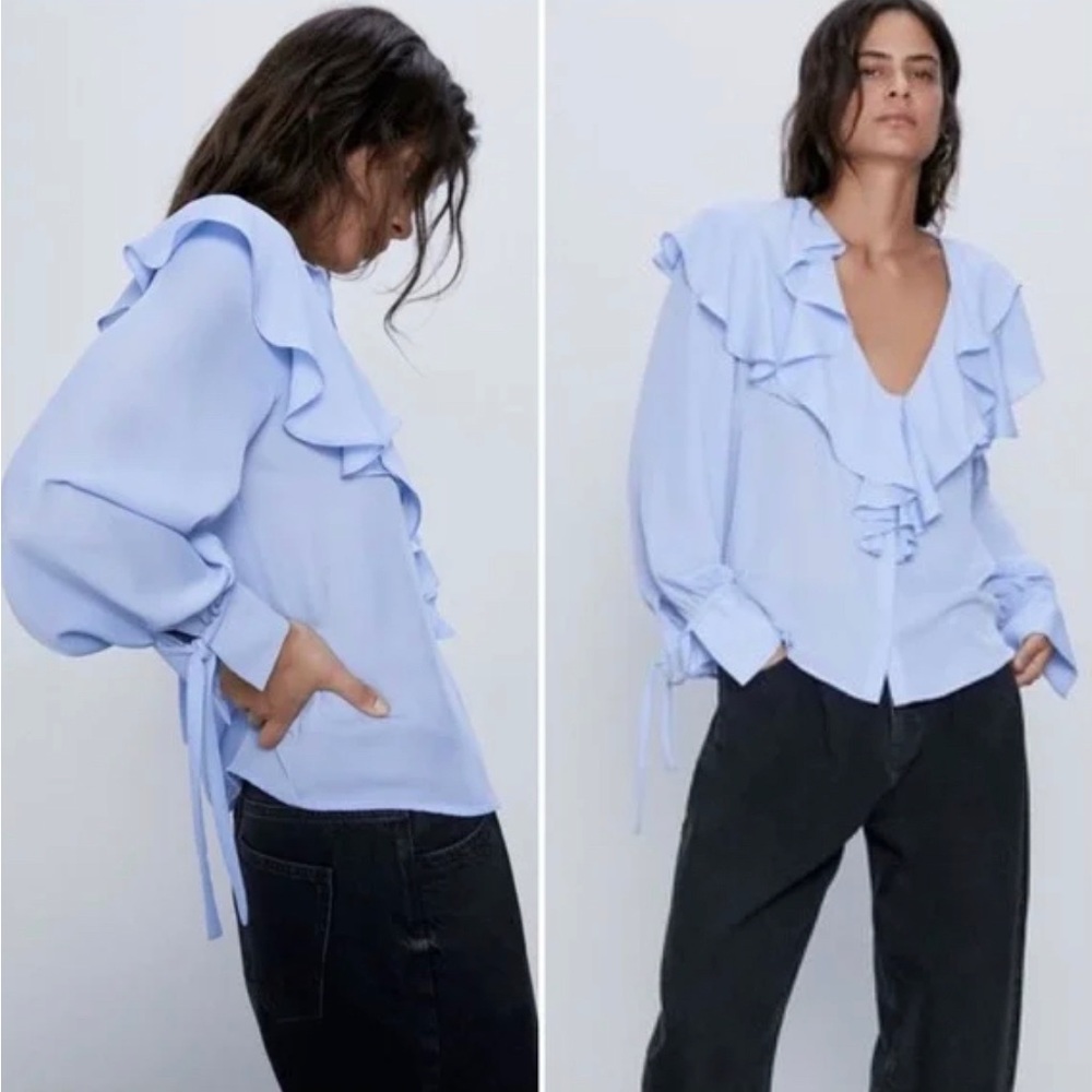 Zara Blue Elegant Ruffle Neckline and Tied Cuff Blouse